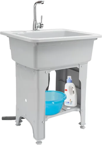 Fregadero de plástico independiente con tabla de lavadero, fregadero de 25.59 x 21.65 pulgadas, para interiores y exteriores, con grifo de agua fría