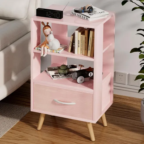 Miniatura 13 de Aenuert Mesita de noche negra con cajón, mesa auxiliar con almacenamiento abierto, mesa auxiliar moderna de 2 niveles, mesita de noche para espacios