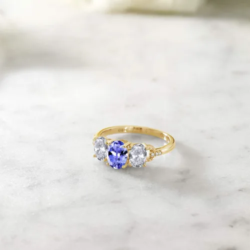 Miniatura 4 de Gem Stone King Anillo de compromiso de oro amarillo de 10 quilates con topacio blanco y diamantes de tanzanita azul para mujer