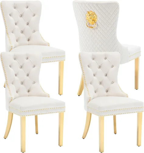 KCC Juego de 4 sillas de comedor tapizadas en terciopelo, sillas modernas capitoné con tirador de anillo con cabeza de león y patas de acero Piernas