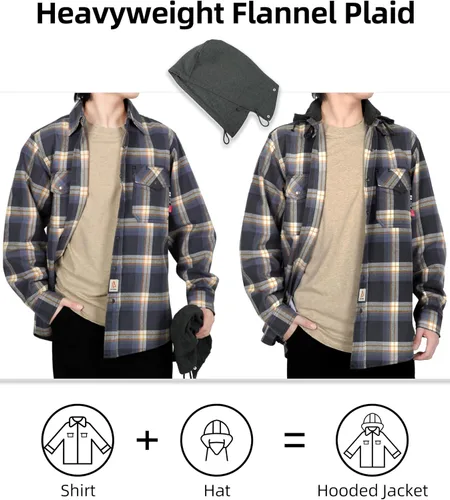 Miniatura 6 de BOCOMAL Camisas con capucha FR, camisas de franela a cuadros, con botones, resistentes al fuego, camisas de franela resistentes a la llama, chaqueta