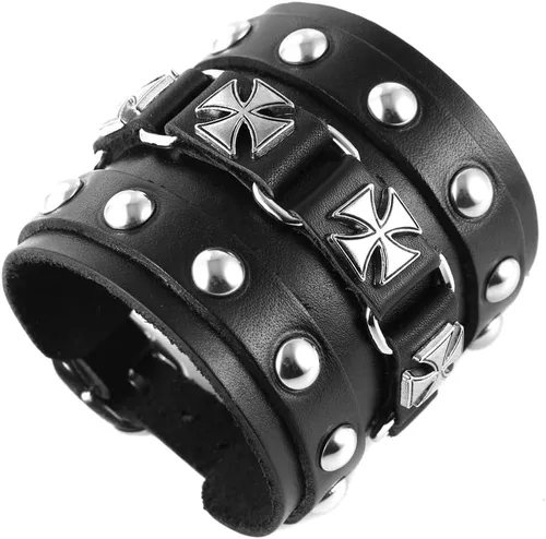 Miniatura 3 de STWTR Pulsera de cuero para hombre estilo punk rock, brazalete ancho tipo cinturón de motocicleta