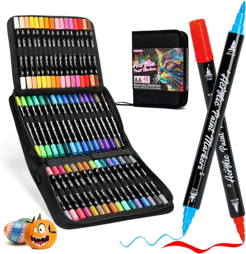 Marcadores de pintura acrílica, 48 colores de doble punta con pincel y puntas finas para pintura de roca, madera, lienzo, cerámica, fabricación de