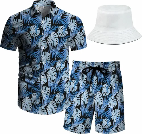 Miniatura 18 de RPOVIG Conjunto de playa a juego con camisas y pantalones cortos para hombre, ropa floral hawaiana para festival, conjuntos de 2 piezas con sombrero