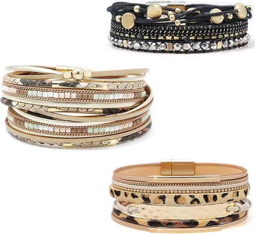 Miniatura 17 de Wowanoo - Juego de 3 pulseras de cuero de varias capas con cierre magnético para mujer, con cristales, ramas de árbol pulseras para mujer.
