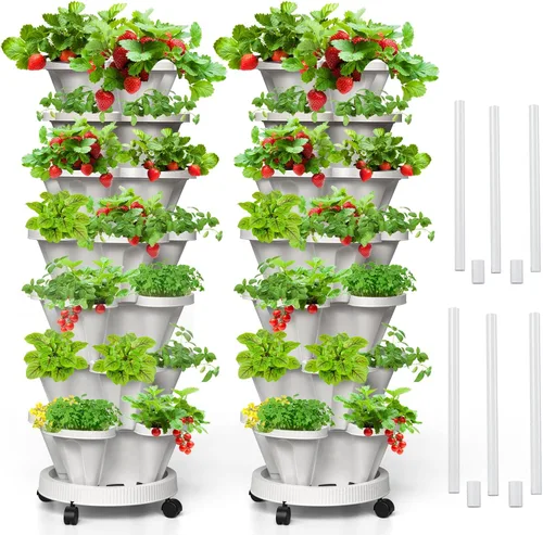 Miniatura 29 de Macetas verticales de fresa, paquete de 2 unidades, torre apilable de 5 niveles con poste de soporte, macetas apilables para hierbas y verduras