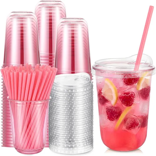 Miniatura 9 de Ziliny Juego de 25 vasos de plástico transparente con pajitas rosas en forma de corazón y tapas sin popote, vasos desechables para mascotas de fondo