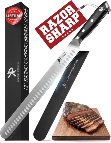 Kitchen perfection Cuchillo de Brisket de 12 pulgadas para tallar y cortar carne - Borde Granton de acero alemán ultra afilado de alta calidad con