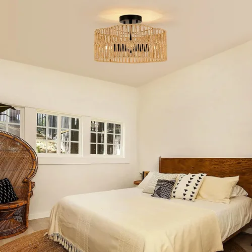Miniatura 4 de Lámparas Bohemias de Techo con Montaje, Lámpara de Techo de Ratán Estilo Granja de 4 Luces, Lámpara de Techo Semi Empotrada con Pantalla Tejida a
