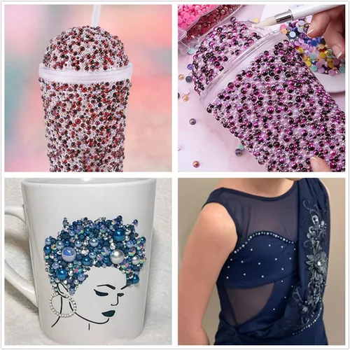 Miniatura 6 de Perlas de parte trasera plana de 3.53 oz para manualidades, 2300 unidades de diamantes de imitación de perlas semicirculares para uñas, cuentas