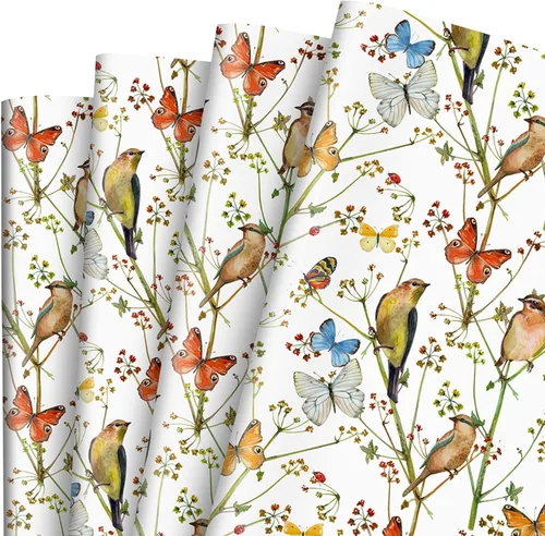 AnyDesign 6 hojas de papel de regalo de pájaros, no enrollado, papel de regalo de flores de mariposa de acuarela, papel de arte decorativo plano