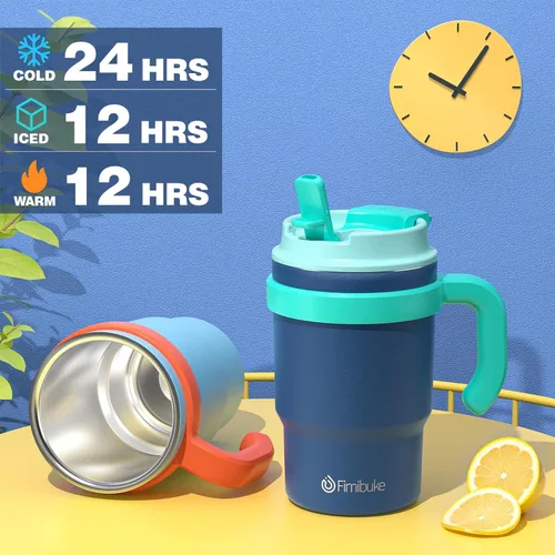 Miniatura 6 de Fimibuke Vaso aislado para niños de 16 onzas con asa y pajillas, paquete de 2 vasos de acero inoxidable 18/8 sin BPA con tapas 2 en 1, a prueba