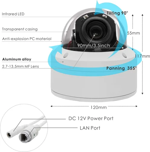 Miniatura 3 de Cámara de Seguridad IP 4K 8MP H.265 POE PTZ de Tipo Domo, Zoom Óptico 5X, Lente de 2.7-13.5mm, Cámara de Red IP para Interior/Exterior, Pan 355°