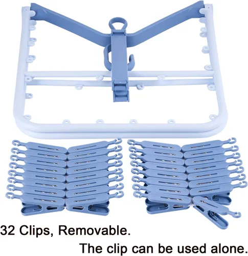 Miniatura 4 de Foshine Perchas plegables con clip, color azul, con 32 clips de secado, gancho a prueba de viento para ropa interior, calcetines, brasieres, ropa