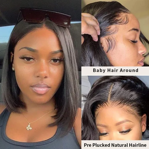 Miniatura 2 de Spotlight Pelucas de cabello humano lacio con encaje frontal de 4 x 4 para mujeres negras, densidad del 180 %, peluca con cierre de encaje virgen