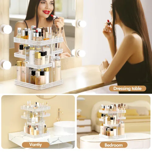 Miniatura 5 de Organizador de maquillaje giratorio para tocador, organizador de perfumes de acrílico de alta capacidad, organizador de maquillaje para el cuidado