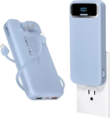 Miniatura 12 de Cargador portátil ligero de 12000 mAh con cables integrados y enchufe de pared de CA, batería de carga rápida PD20W USB-C, pantalla LED, cargador