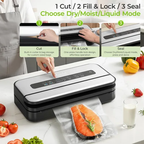 Miniatura 3 de Sellador al vacío, máquina selladora al vacío de alimentos de 90 Kpa con cortador integrado y almacenamiento de bolsas, conservación de alimentos
