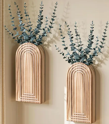 Miniatura 18 de DREAMLOOM Paquete de 2 jarrones de pared de madera con plantas artificiales de eucalipto, macetas para colgar en la pared, estilo bohemio y moderno