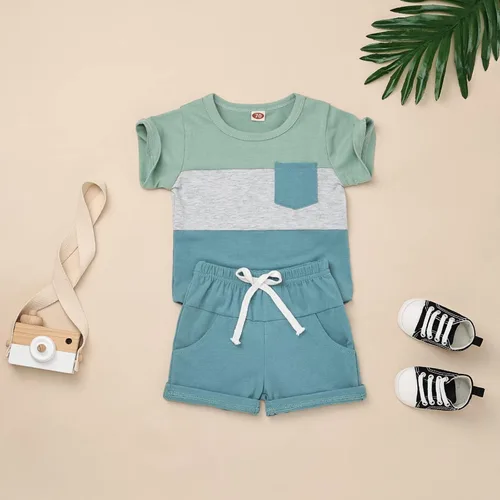 Miniatura 2 de Ropa para bebé niño pequeño, trajes de verano de manga corta, camiseta de retazos y pantalón con bolsillo, conjunto de 2 piezas, 12 meses a 4 años
