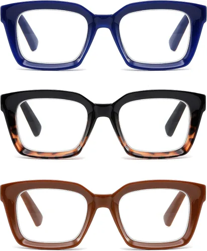 Miniatura 10 de 3 Pack Oversize Square Design Reading Glasses for Women, Blue Light Blocking Computer Reader Black&gray Leopard&blue Leopard
