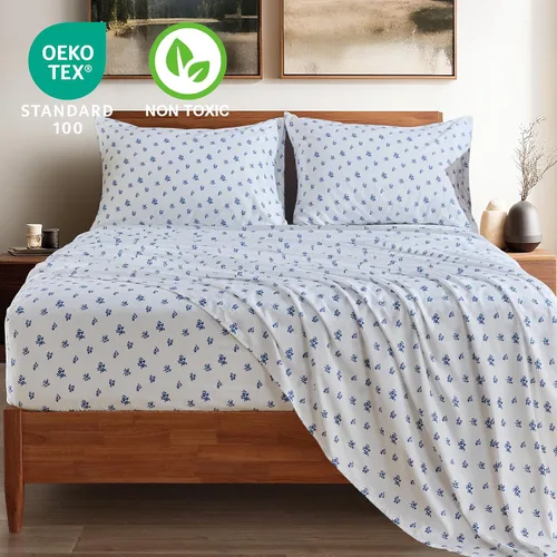Miniatura 3 de HYPREST Sábanas 100% algodón tamaño King Floral – Sábanas de percal de bolsillo profundo, sábanas de percal crujiente, suaves, transpirables y Azul