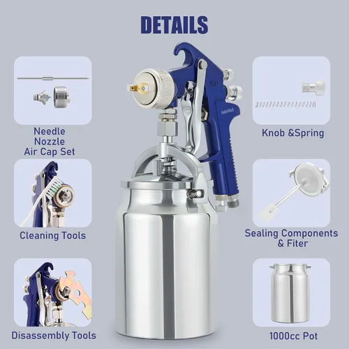 Miniatura 5 de Pistola rociadora de alimentación por sifón de 34 onzas con boquilla de cobre de 0.08 pulgadas, pulverizador profesional de pintura de aire HVLP