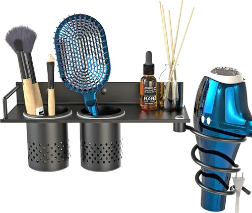 MyLifeUNIT Soporte para secador de pelo, organizador de secadora de pelo montado en la pared con 2 tazas, estante de herramientas de peinado de baño