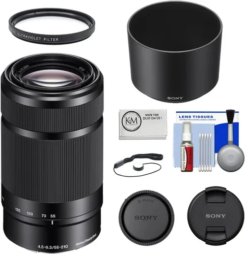 Sony 55-210mm f/4.5-6.3 OSS lente telefoto con montura tipo E en color negro con filtro UV de 49 mm y kit de limpieza para cámara de 5 piezas