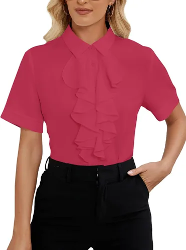 Miniatura 15 de Vrtige Women's Ruffle Front Collar Neck Button Down Short Sleeve Blouse Shirt Top