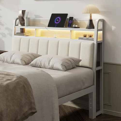Miniatura 12 de Cabecera completa solo con almacenamiento, cabeceros tapizados para cama de tamaño matrimonial con luz LED, estación de carga, altura ajustable