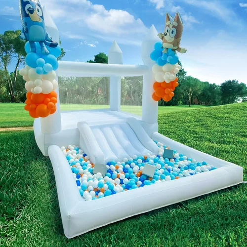 Miniatura 7 de iLink-outer White Bounce House para niños, 13 x 8 x 8 pies, casa hinchable blanca Oxford con tobogán y hoyo de bolas, perfecta para fiestas