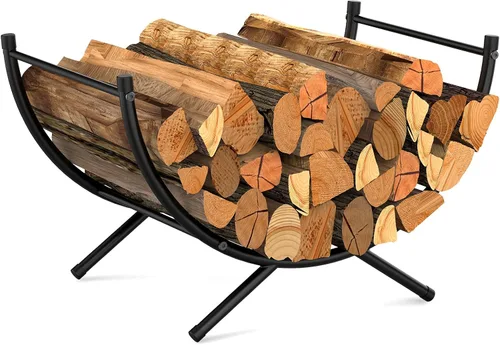 NANANARDOSO Estante curvado para leña, soporte de troncos de chimenea de metal con recubrimiento de polvo de 24 pulgadas para almacenamiento de