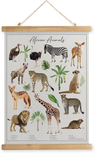 MIDEFINCH Póster vintage de animales africanos con marco de madera, impresión artística de decoración de pared de estilo retro, patrones rústicos de
