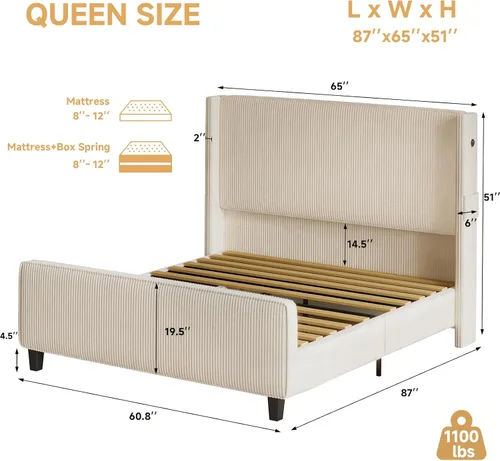 Miniatura 2 de Marco de Cama Tamaño Queen con Cabecero, Cama de Plataforma Tapizada con Cabecero Alto Tipo Wingback y Pie de Cama, Marco de Cama de Pana con Beige