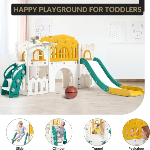Miniatura 3 de Juego de tobogán infantil 8 en 1, juego de tobogán y escalador con pasillo, aro de baloncesto, telescopio, patio de juegos para interiores