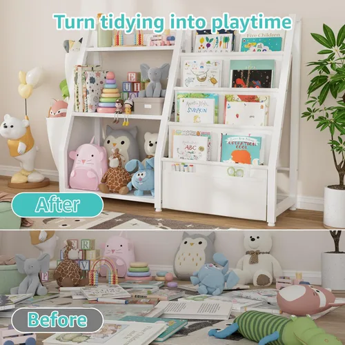 Miniatura 5 de Estantería para niños y almacenamiento de juguetes, organizador de juguetes con estante para libros de 3 niveles, estantería pequeña con eslinga