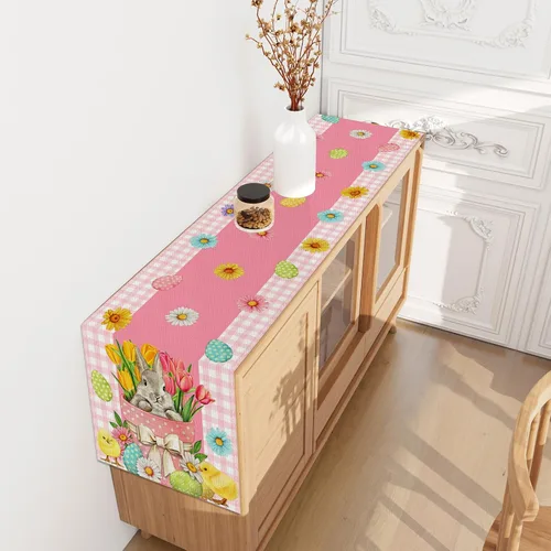 Miniatura 5 de Camino de mesa de Pascua a cuadros de búfalo rosa y blanco, huevo de Pascua, conejito, margarita, tulipán, decoración de mesa floral, primavera