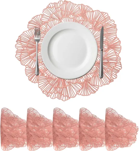 Miniatura 13 de uxcell Juego de 4 manteles individuales redondos de flores rojas para mesas de cena, manteles individuales metálicos de polivinilo prensado
