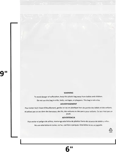 Miniatura 2 de Bolsas de polietileno transparente autosellantes de 6 x 9 pulgadas (500 unidades) con adhesivo permanente de advertencia de asfixia, cumple