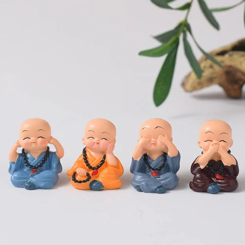Estatua de monje lindo para bebé, no escucha el mal, no ve mal, no habla mal, no hacer mal, estatua de monje budista chino en miniatura, 4 piezas,