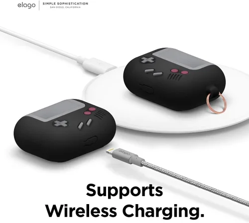 Miniatura 3 de elago AW5 - Funda compatible con AirPods Pro, diseño clásico de consola de juegos portátil con llavero, construcción de silicona duradera, Negro