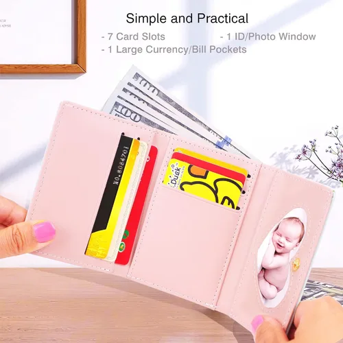 Miniatura 78 de CONISY Lindas carteras para mujer, de cuero con bloqueo RFID, pequeña cartera triple con ventana de identificación para niñas y mujeres