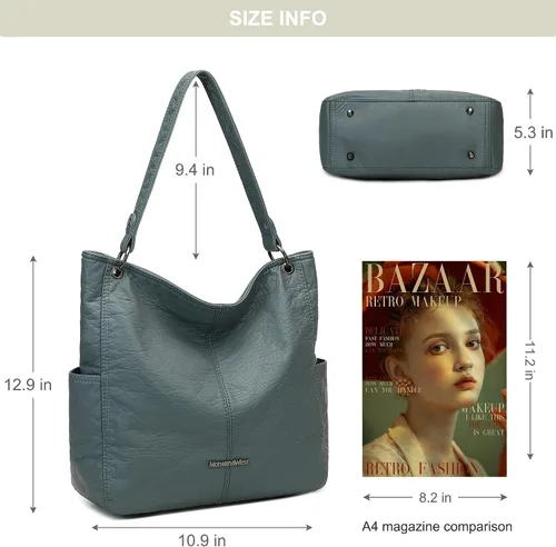 Miniatura 6 de Montana West Stone Washed Leather Hobo Purses for Women Soft Top Handle Shoulder Bag with Wallet 2PCS Set