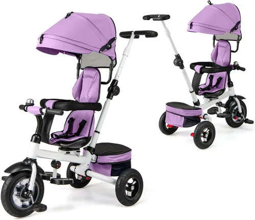 Miniatura 10 de Costzon - Triciclo, 5 en 1 para niños pequeños con mango de empuje plegable, asiento giratorio, rueda EVA, dosel ajustable, canasta de Azul