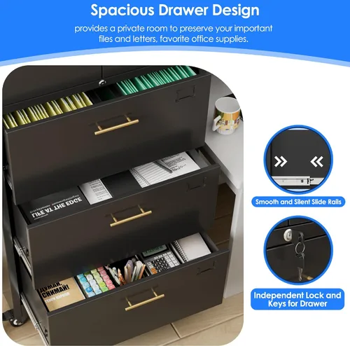 Miniatura 6 de METAN - Archivador de metal con 3 cajones y 1 estante, archivador de oficina con ruedas y cerradura, almacenamiento de oficina para tamaño Negro