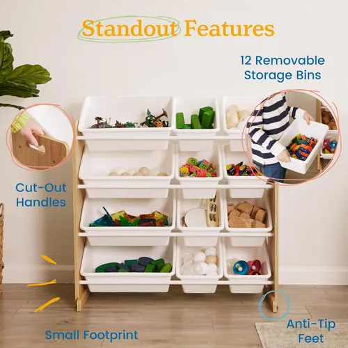 Miniatura 6 de ECR4Kids Organizador de 4 niveles con 12 cajones, para almacenamiento de juguetes, color natural oscuro/blanco