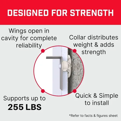 Miniatura 6 de Bullfix Anclajes Universales para Paneles de Yeso, Sostiene hasta 255lbs, Fijaciones para Pared Hueca de Alta Resistencia, Kit con Tornillos y Broca