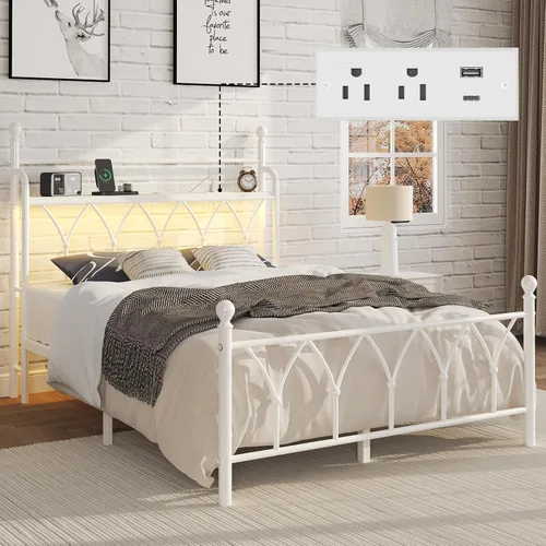 Miniatura 12 de E-Ser Marco de cama de plataforma de metal tamaño twin con cabecera de almacenamiento, marco de cama con luz LED, estación de carga integrada