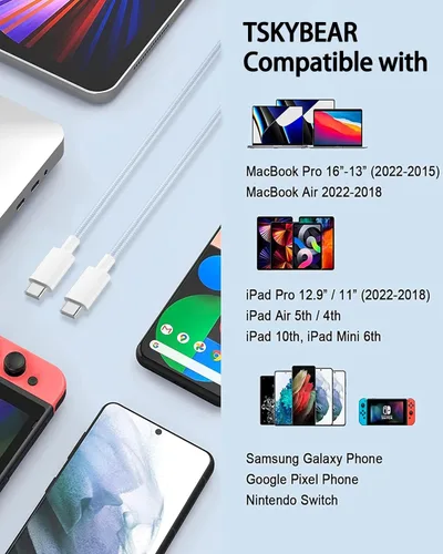 Miniatura 5 de TSKYBEAR Cable USB C a USB C – Cable de carga rápida de 100 W tipo C a C de repuesto para iPhone 15 Pro Max/Plus Samsung iPad Pro/Air/mini MacBook